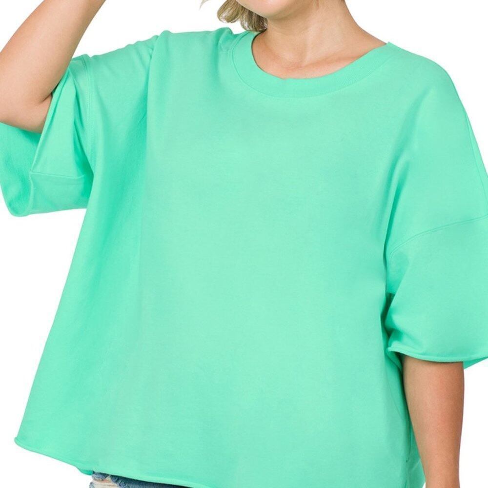 NEW ZENANA - PLUS FRENCH TERRY DROP SHOULDER RAW EDGE TOP - NEW IN BAG